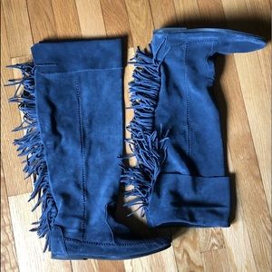Blue Suede Knee High Minnetonka Moccasins